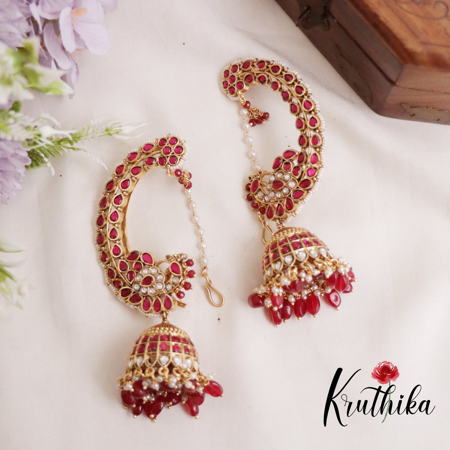 Royal Kemp Jadau Peacock Jhumkas Earcuff E430 with Earchains (Available in 2 Colours)