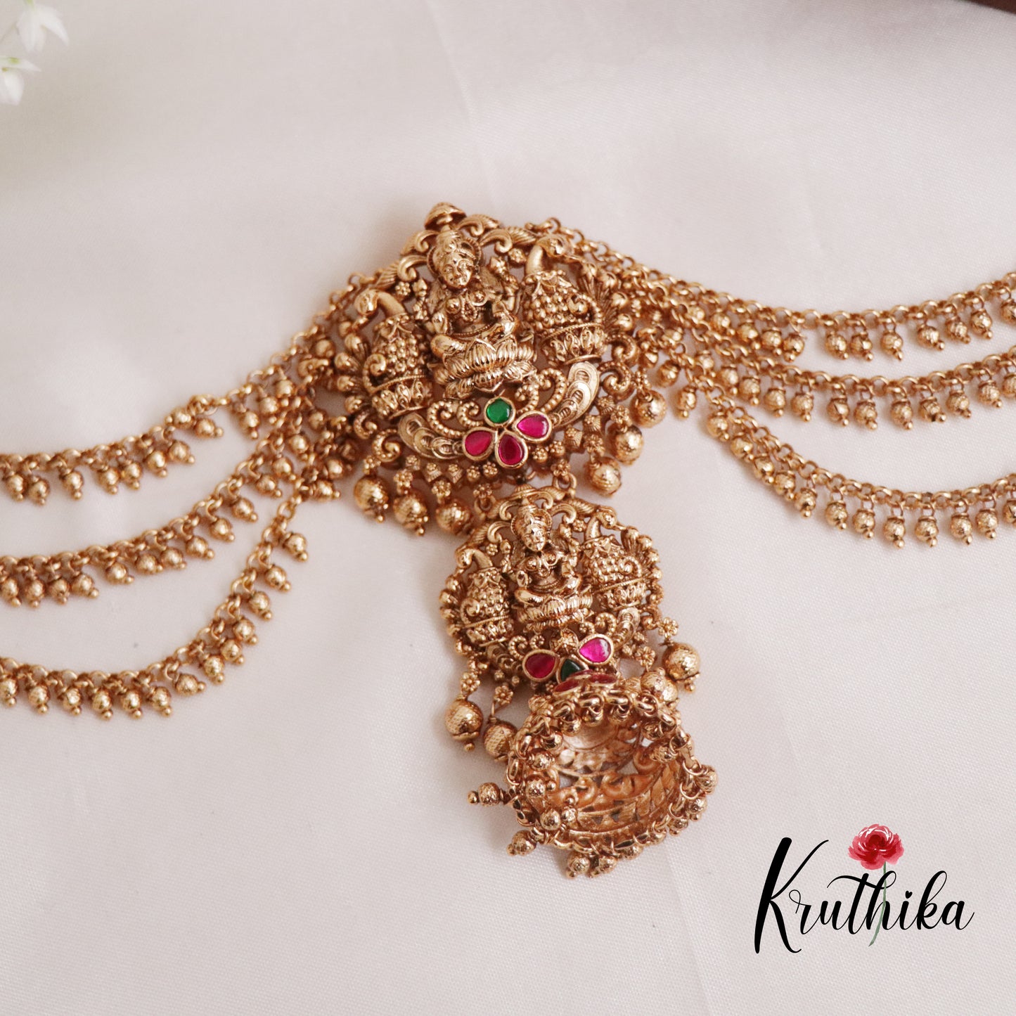 Traditional Lakshmi Peacock Jhumka Jada Billa With Triple Strand Beaded Chain J272