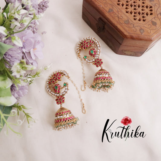 Royal Multi Stone- Jadau Peacock Jhumkas Earcuff with Earchains E429