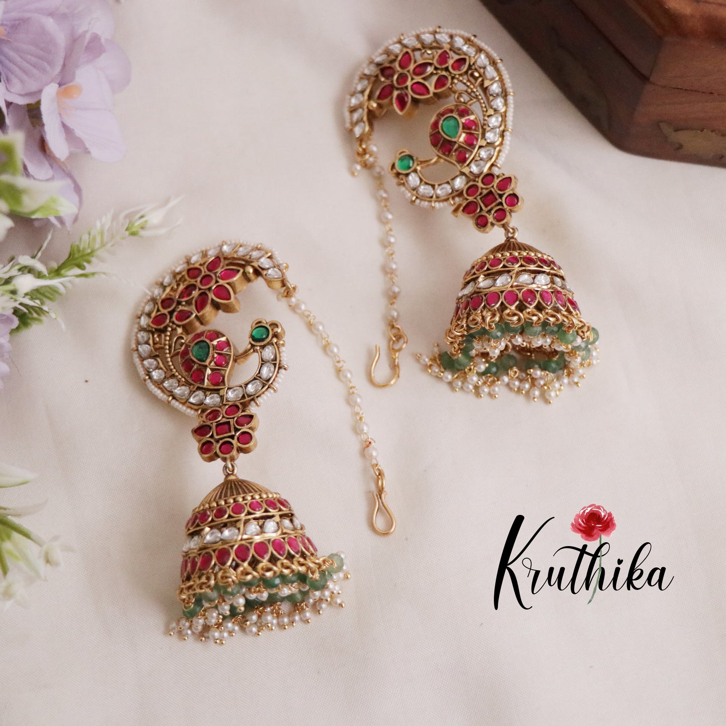 Royal Multi Stone- Jadau Peacock Jhumkas Earcuff with Earchains E429