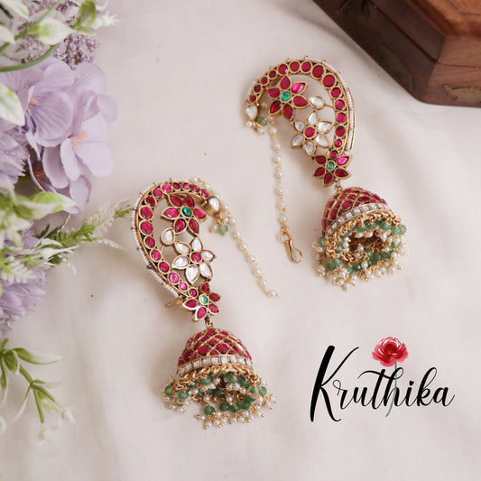Premium Multi Stone Jadau Peacock Jhumkas Earcuff with Earchains E431