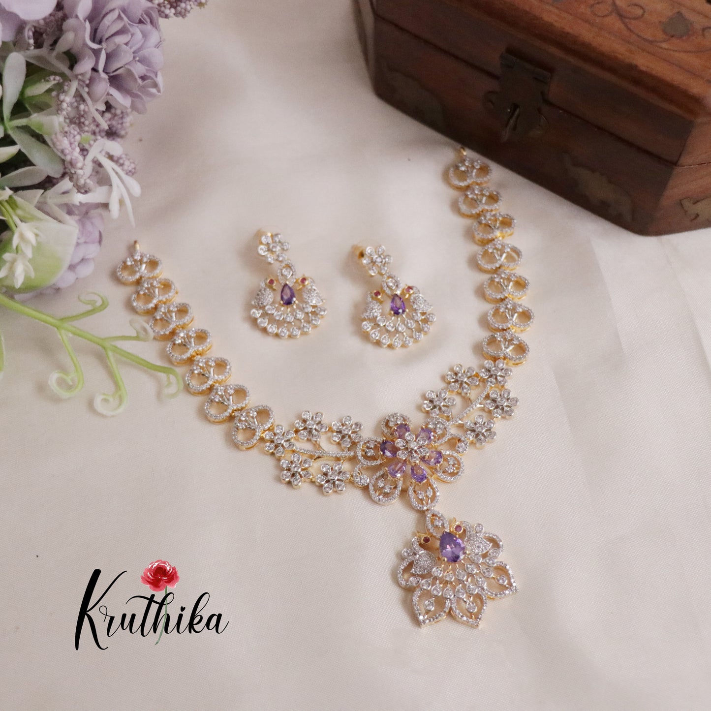 Beautiful CZ Jade Blossom AD Necklace Set NC2144 (Available in 3 Colours)