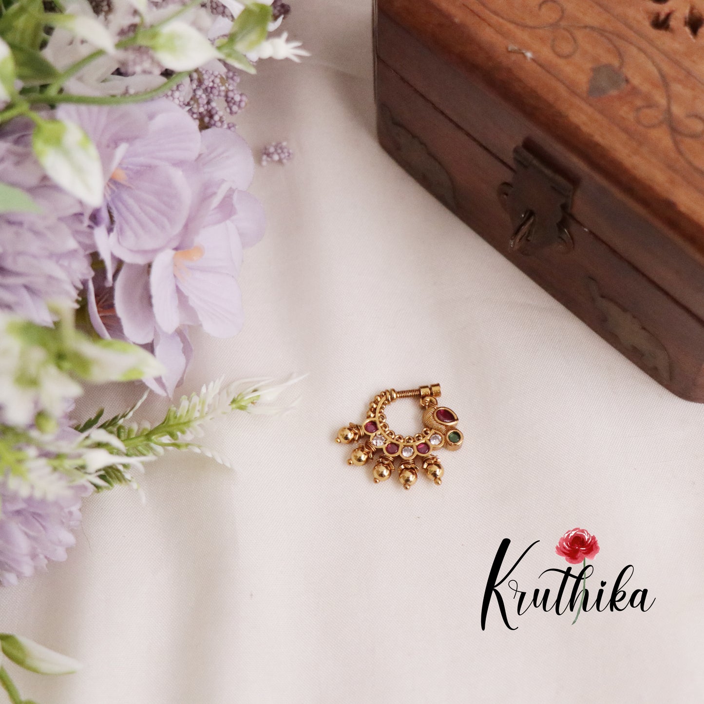 Trendy Peacock Design Nose Ring with Golden Beads N35 (Available in 4 Colours)