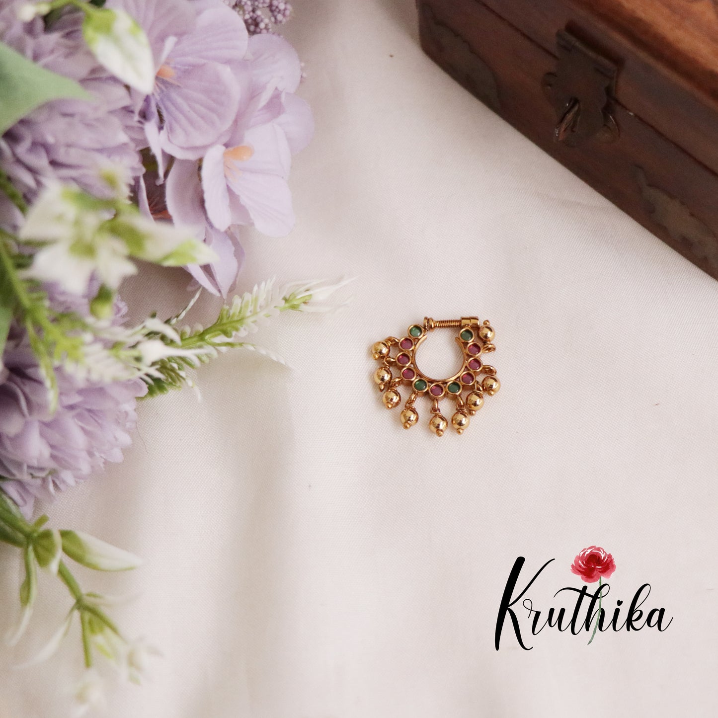 Trendy Peacock Design Nose Ring with Golden Beads N35 (Available in 4 Colours)