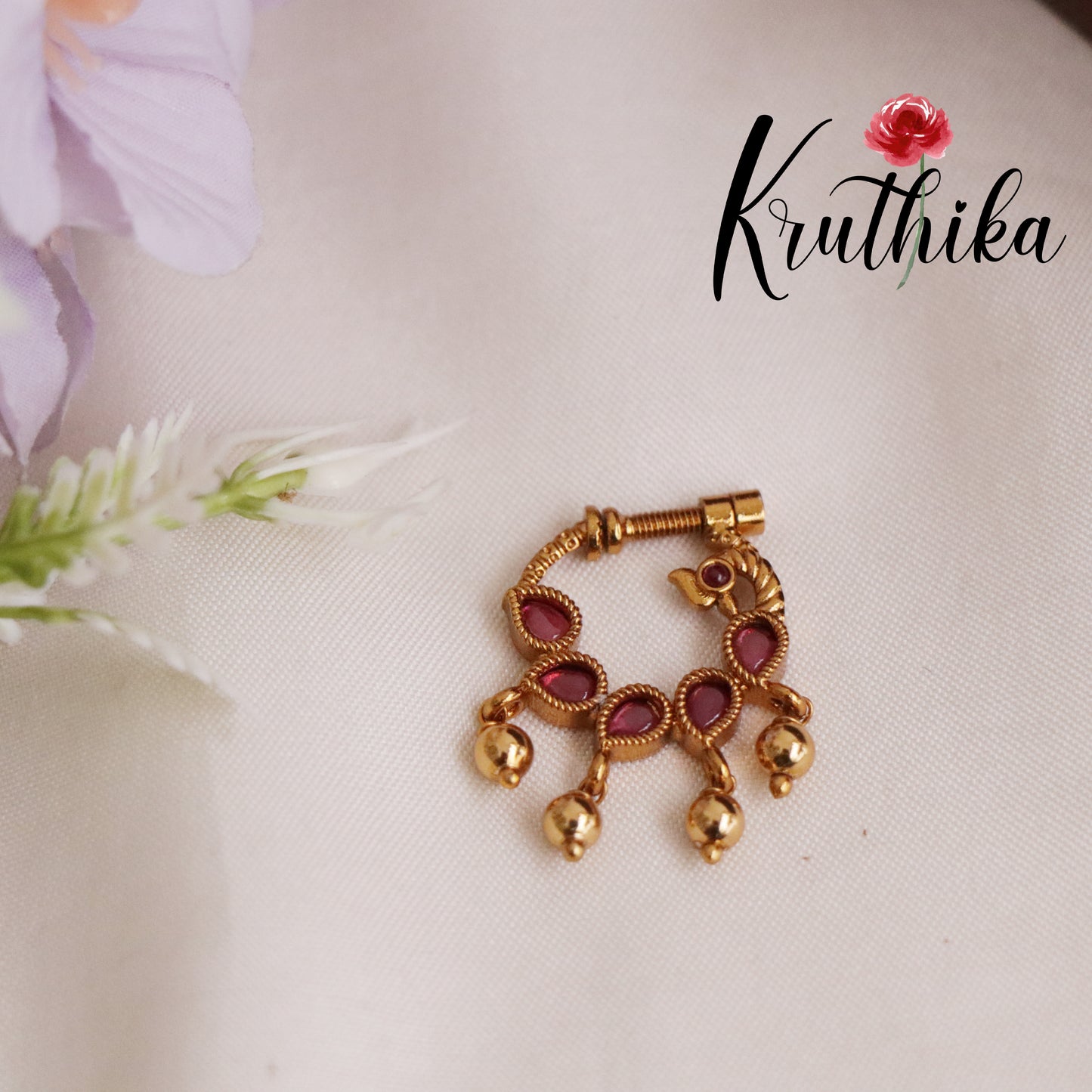 Trendy Peacock Design Nose Ring with Golden Beads N35 (Available in 4 Colours)