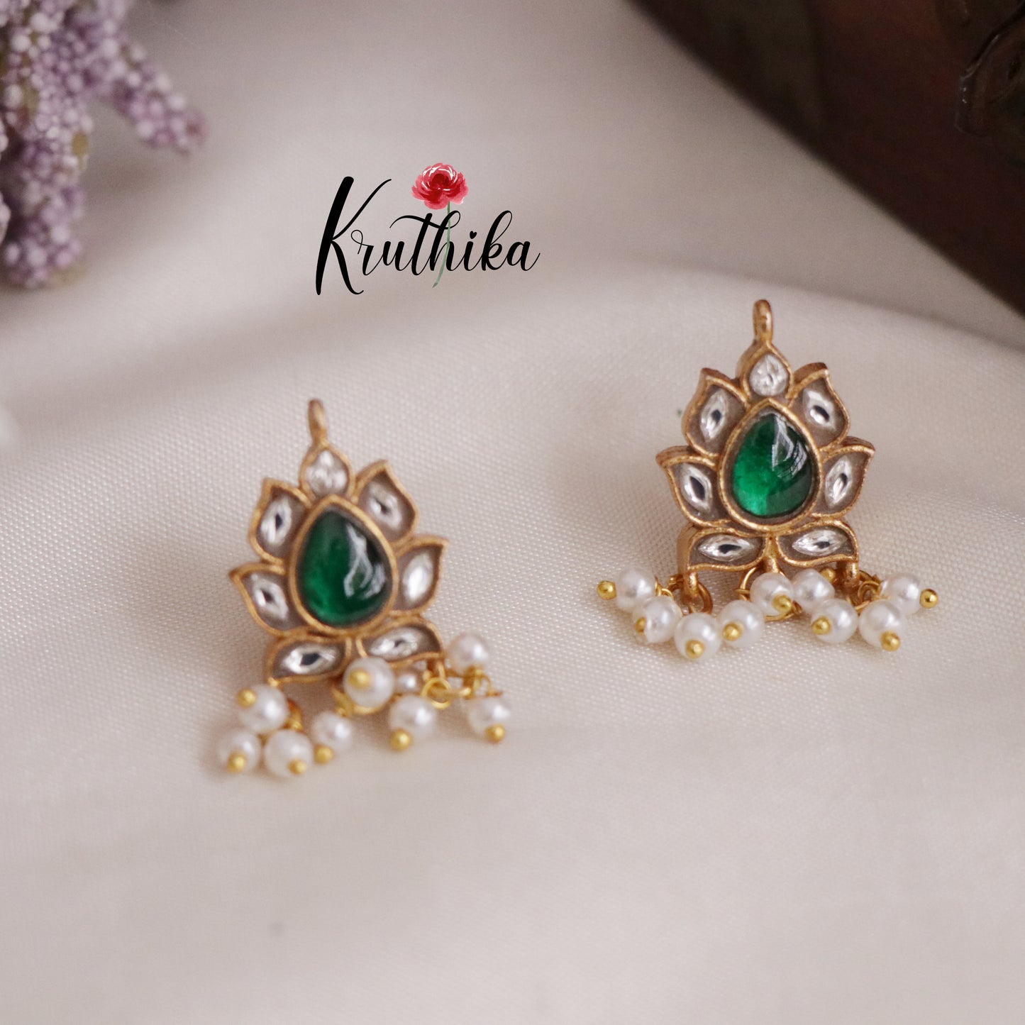 Trendy Emerald Lotus Glow Studs Ear cuffs | upper earrings | Bugadi Earrings E465 (Available in 2 Colours)