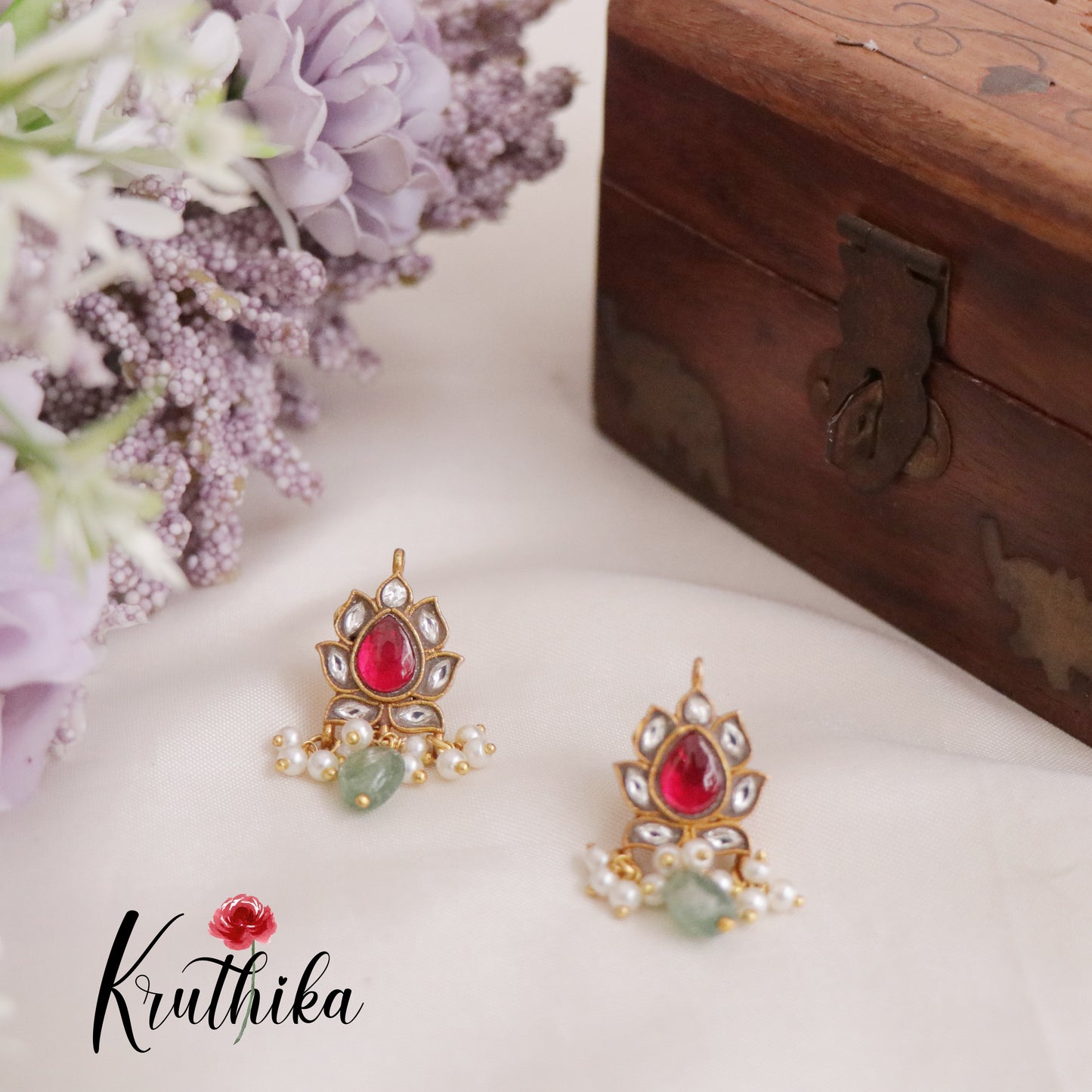 Trendy Emerald Lotus Glow Studs Ear cuffs | upper earrings | Bugadi Earrings E465 (Available in 2 Colours)