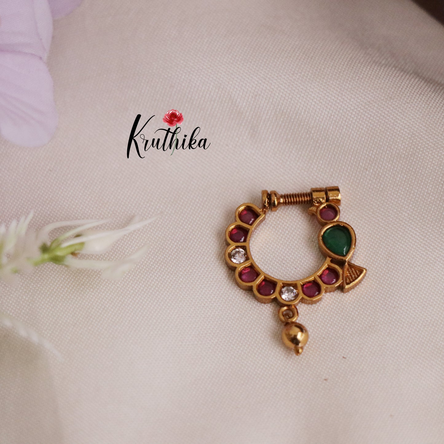 Trendy Peacock Design Nose Ring with Golden Beads N35 (Available in 4 Colours)