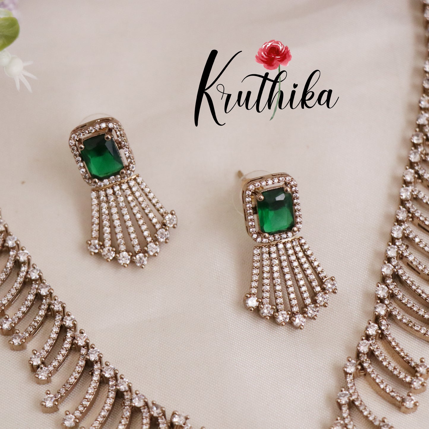Trendy CZ Sparkling Fern Victorian Necklace Set NC2089 (Available in 2 Colours)
