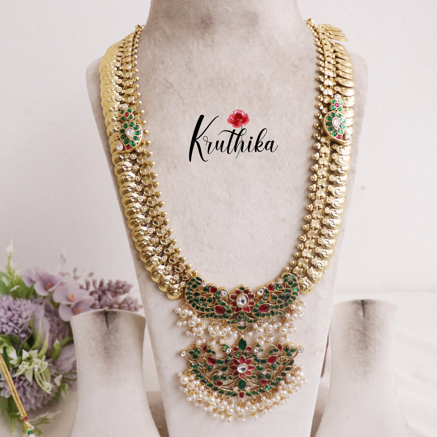 Royal Peacock Antique Jadau Kasu Haram with Pearl Drops LH1930