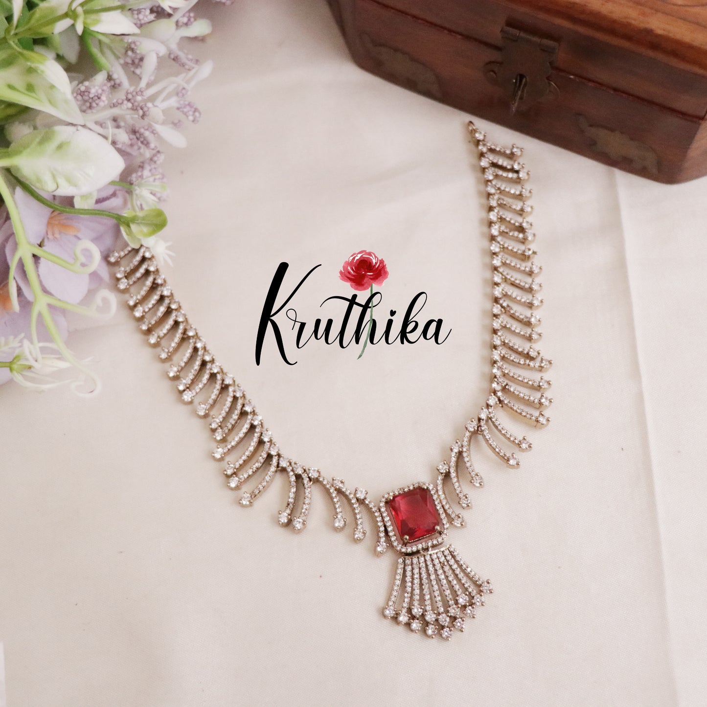 Trendy CZ Sparkling Fern Victorian Necklace Set NC2089 (Available in 2 Colours)
