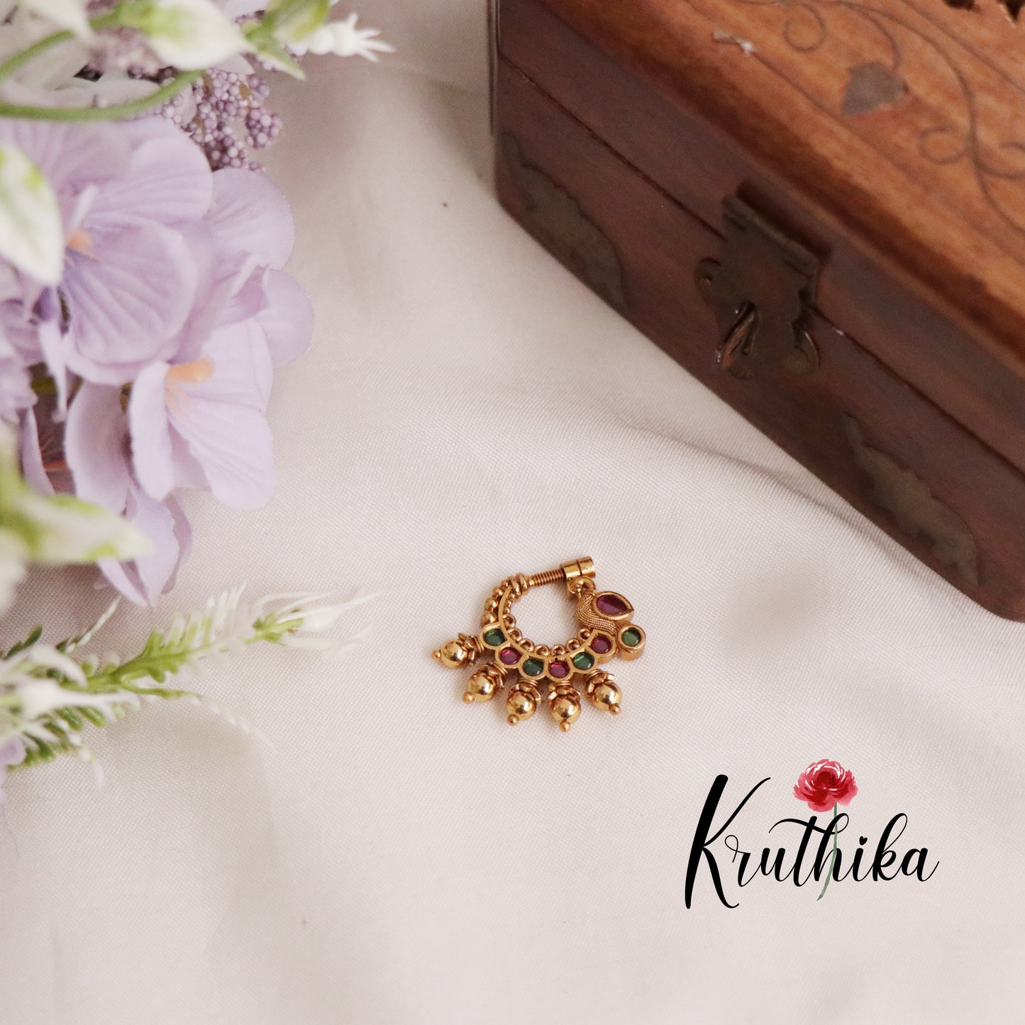 Trendy Peacock Design Nose Ring with Golden Beads N35 (Available in 4 Colours)
