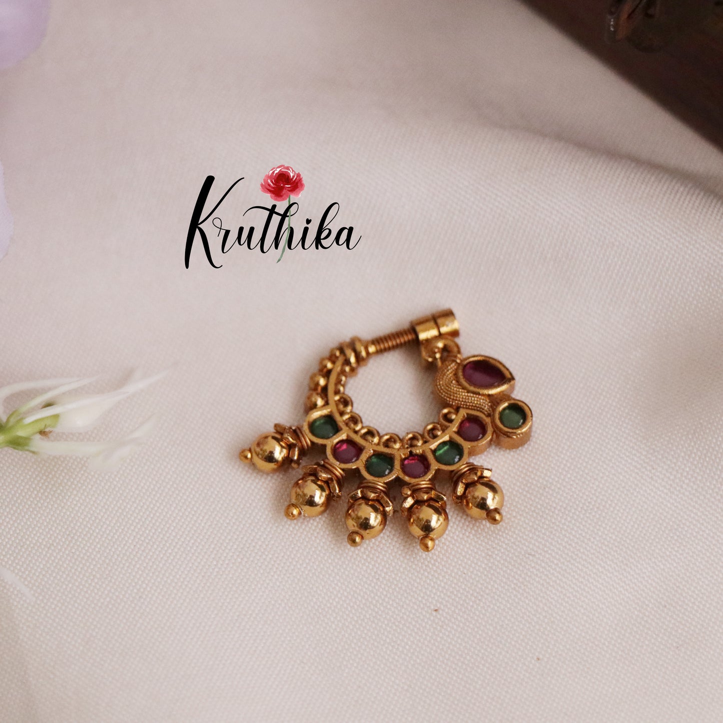 Trendy Peacock Design Nose Ring with Golden Beads N35 (Available in 4 Colours)