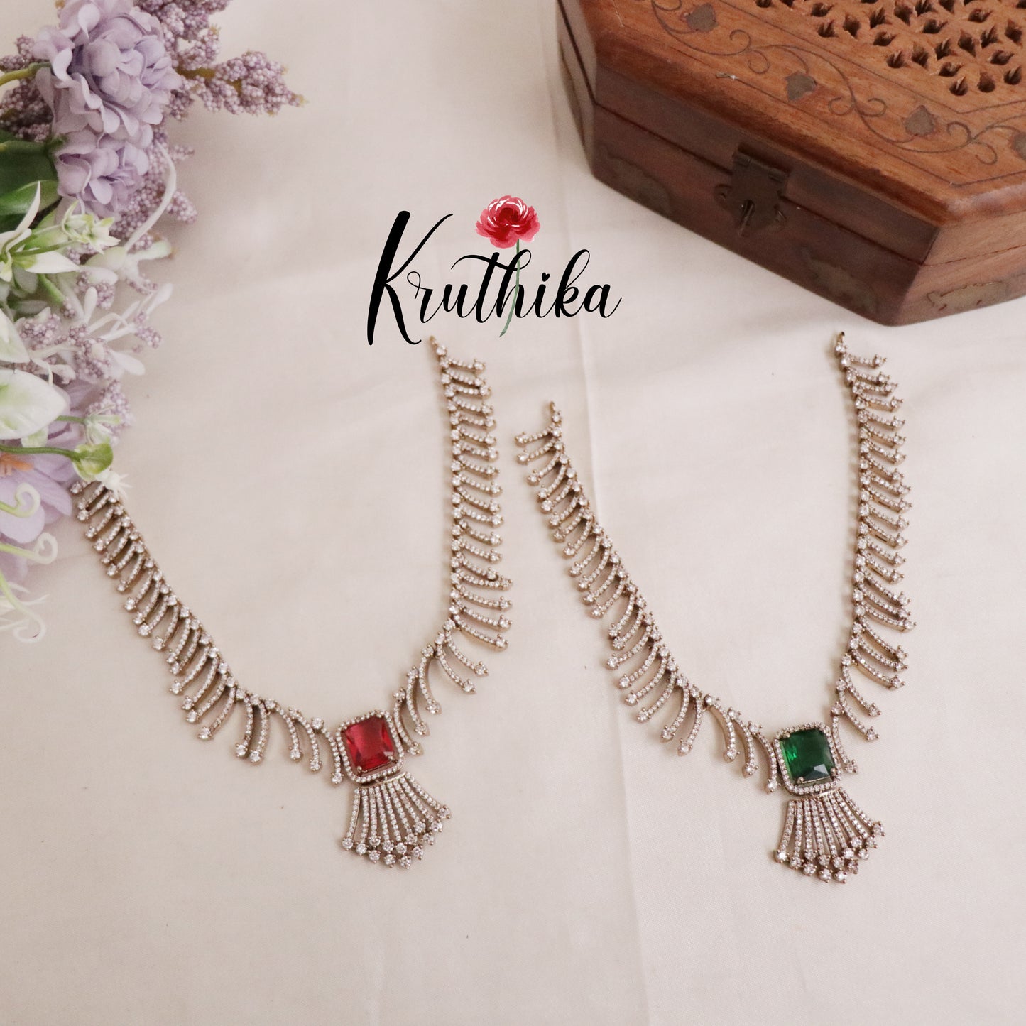 Trendy CZ Sparkling Fern Victorian Necklace Set NC2089 (Available in 2 Colours)