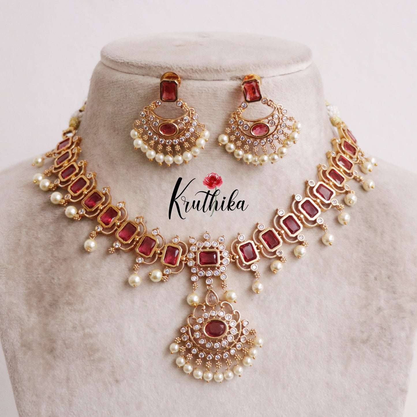 Gorgeous AD Victorian Necklace with Pearl Drops NC2155 (Available in 2 Colours)