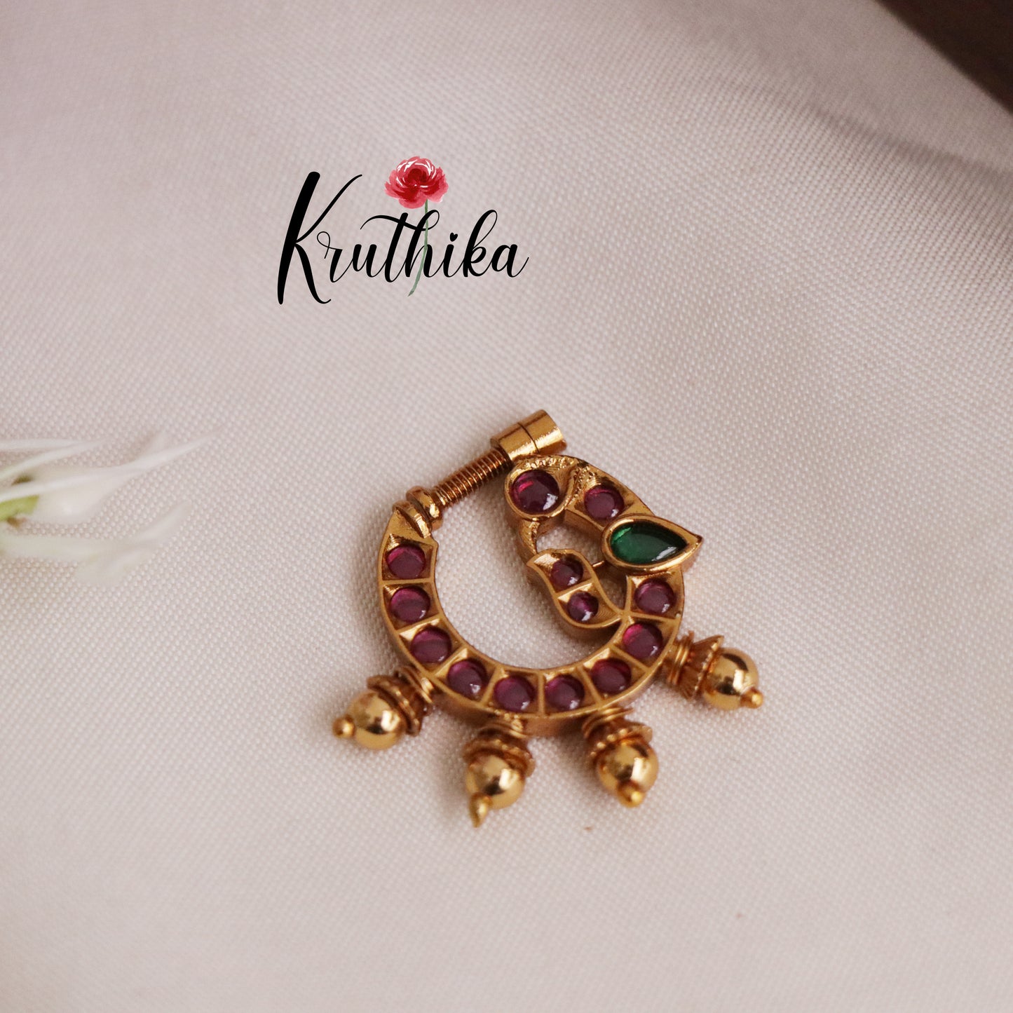 Trendy Peacock Design Nose Ring with Golden Beads N35 (Available in 4 Colours)