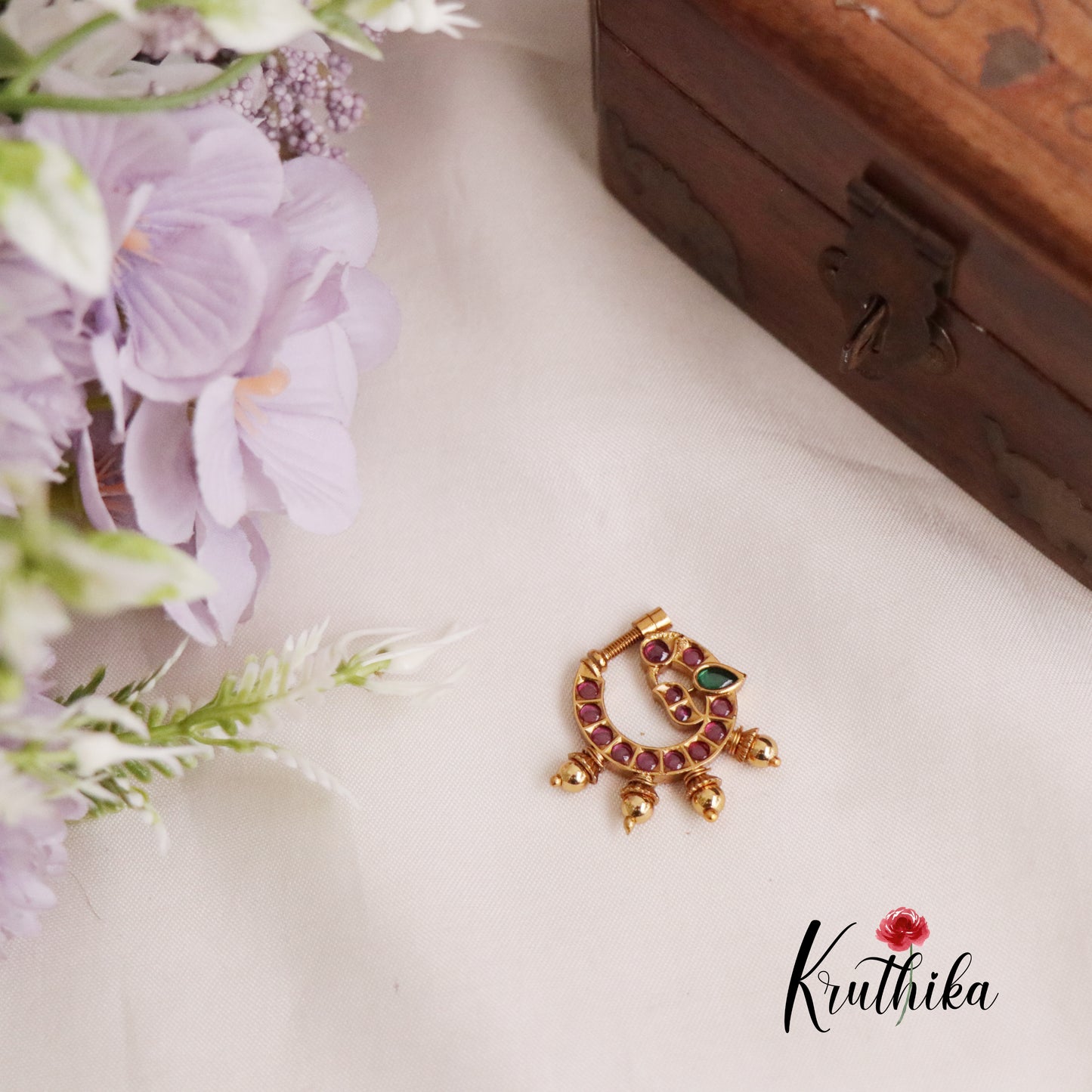 Trendy Peacock Design Nose Ring with Golden Beads N35 (Available in 4 Colours)