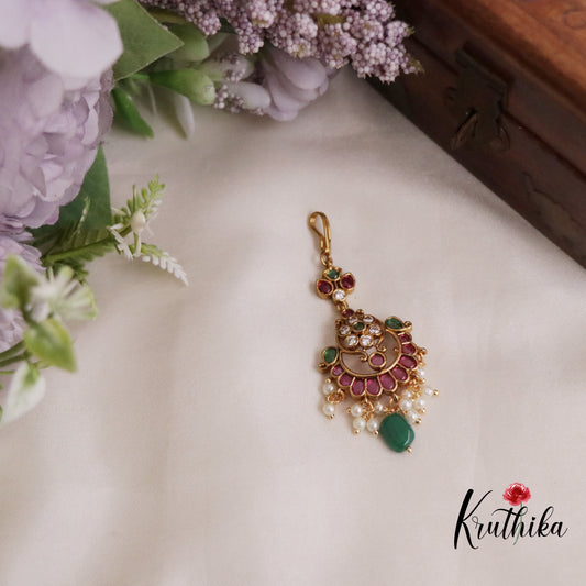 Classic Kemp Maang Tikka with Green Beads Drops MT256