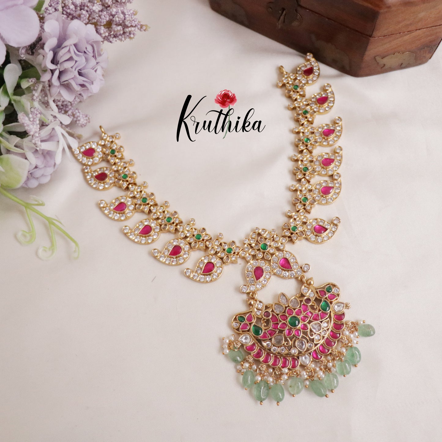 Royal Peacock Jadau Necklace with Pastel Green Drops NC2158