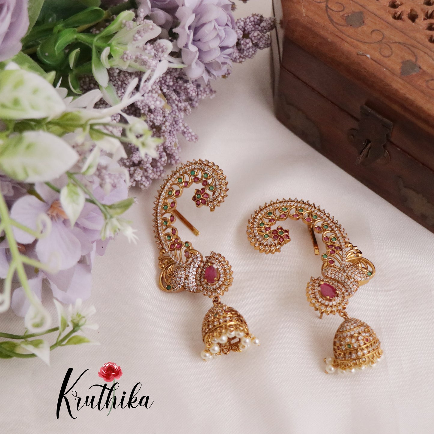Premium Peacock Elegance Ruby Earcuffs with Jhumkas E458