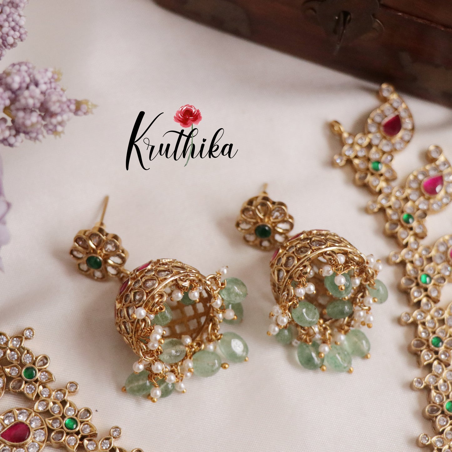 Royal Peacock Jadau Necklace with Pastel Green Drops NC2158