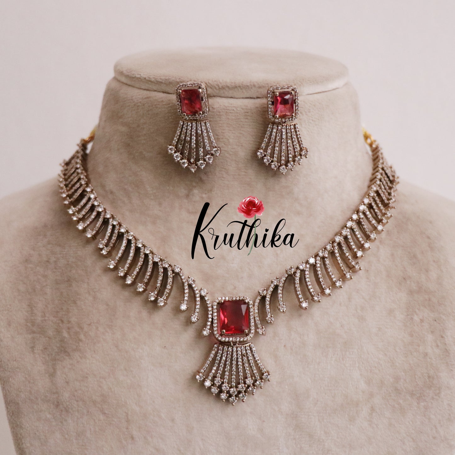 Trendy CZ Sparkling Fern Victorian Necklace Set NC2089 (Available in 2 Colours)