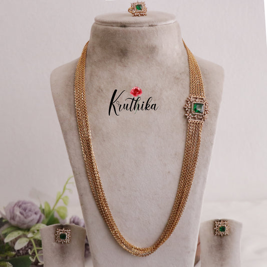 Beautiful Six Layer Emerlad Vintage Chandra Multi Stone Haaram with Side AD Pendant LH1936