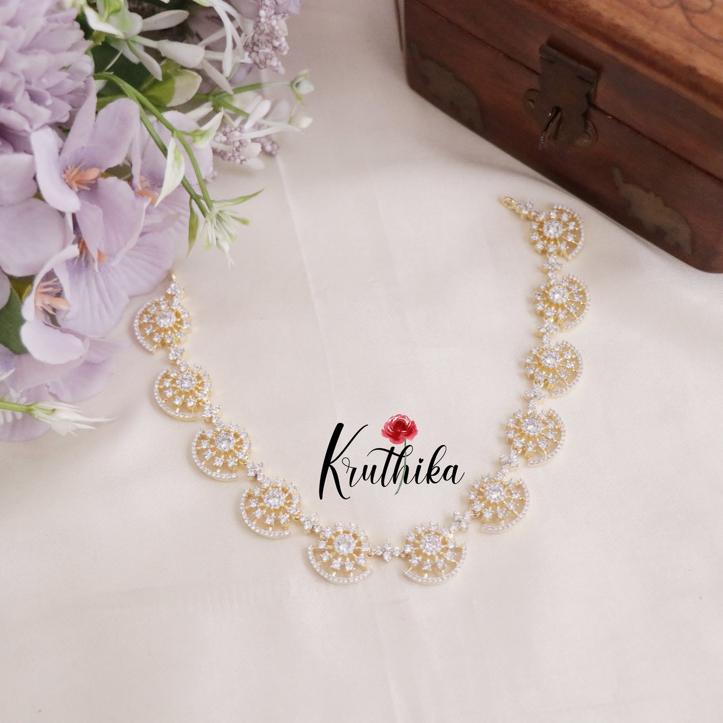 Trendy Sparking CZ Floral Crescent Design Necklace NC2130