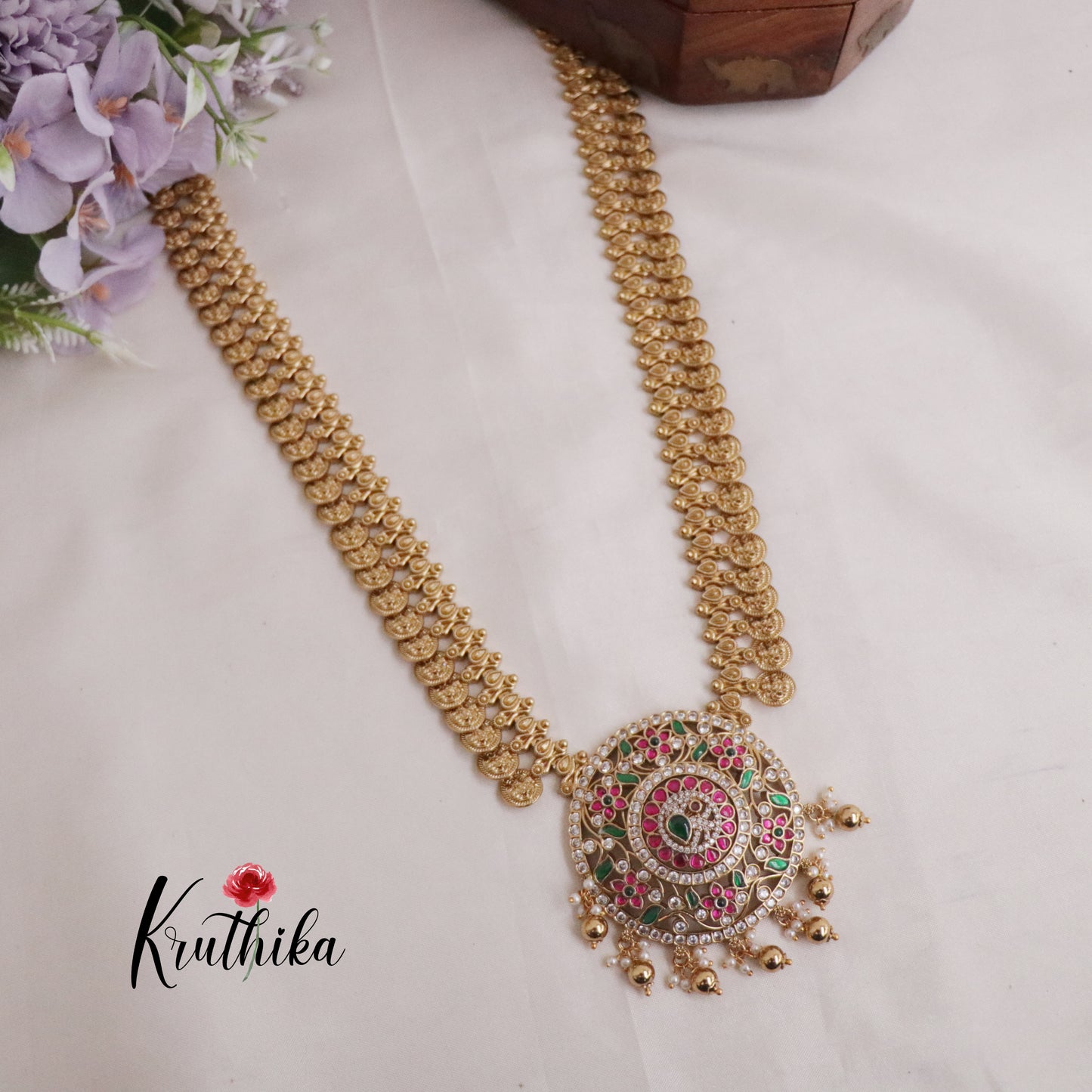 Grand Jadau Pendant Kasu Haaram with Golden Beads LH1922