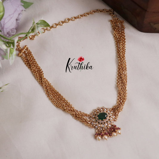 Trendy Six Layer Emerlad Vintage Chandra Multi Stone Necklace with Side AD Pendant NC2184