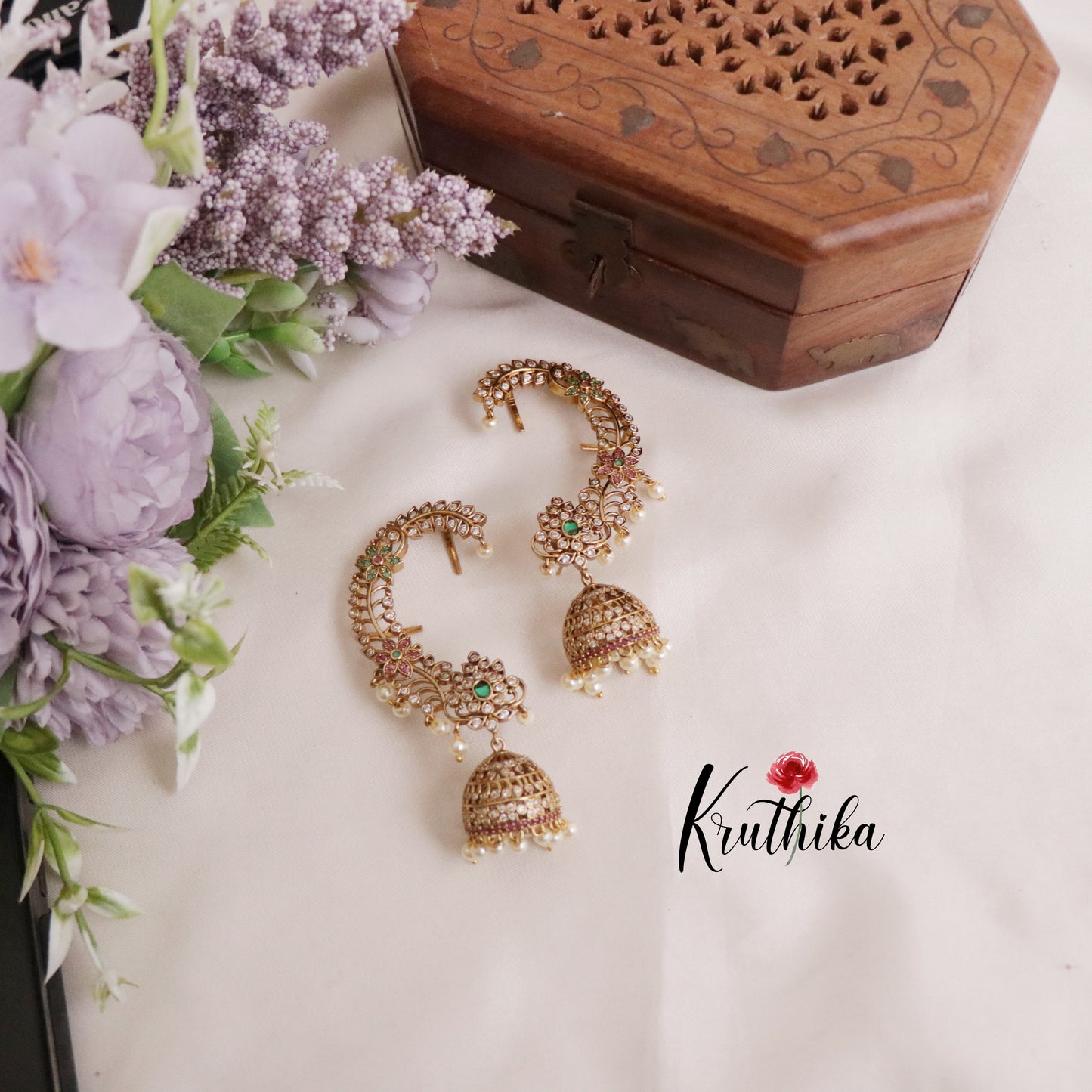 Premium Floral Crescent Earcuff with Jhumkas E469