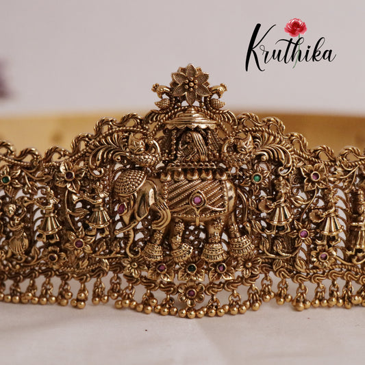 Gorgeous Bridal Antique Traditional Elephant Pallakku Motif Hip Belt with Golden Beads V258