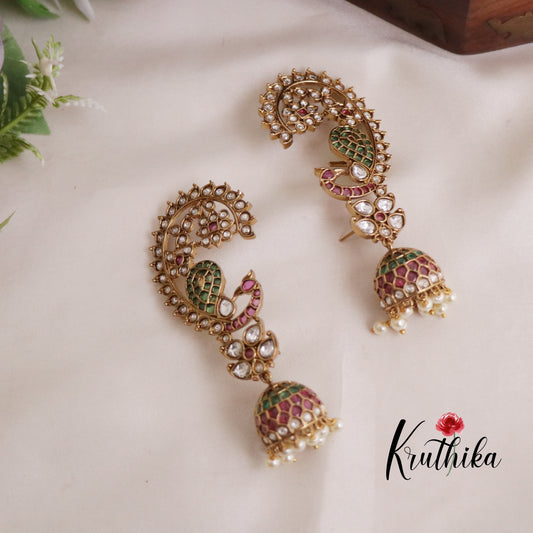 Beautiful Kemp Mayura Earcuff with Jhumkas E468 (Available in 2 Colours)