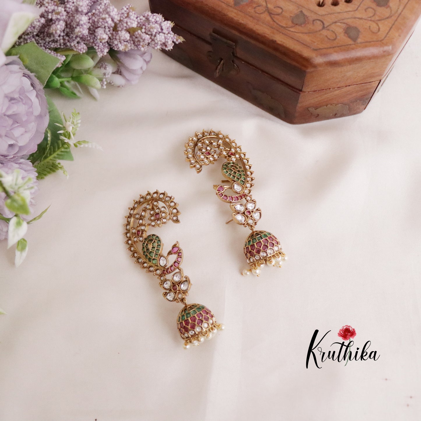 Beautiful Kemp Mayura Earcuff with Jhumkas E468