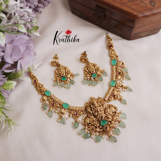 Beautiful Aqua Temple Balaji Hasli Necklace with Pastel Green Beads Drops NC2329