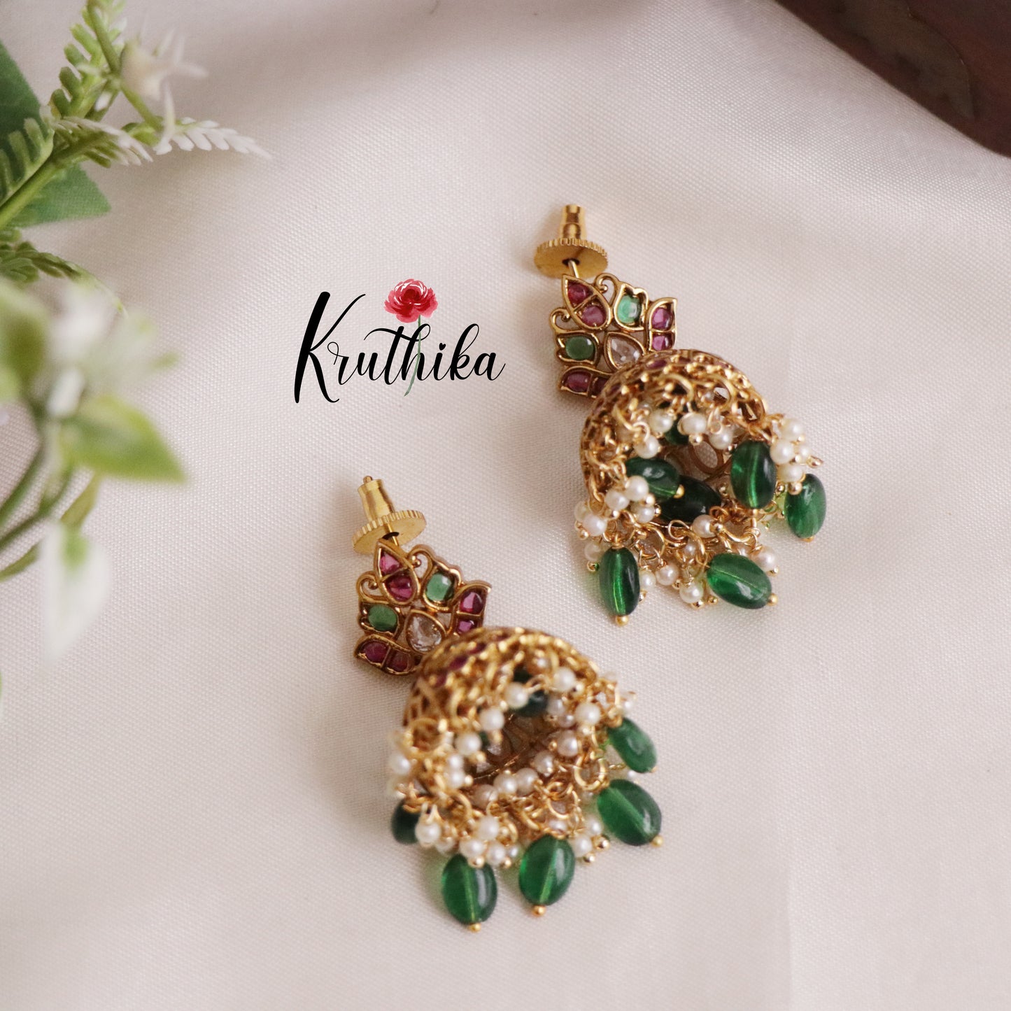 Beautiful Lotus Polki Jhumkas with Green Beads E467