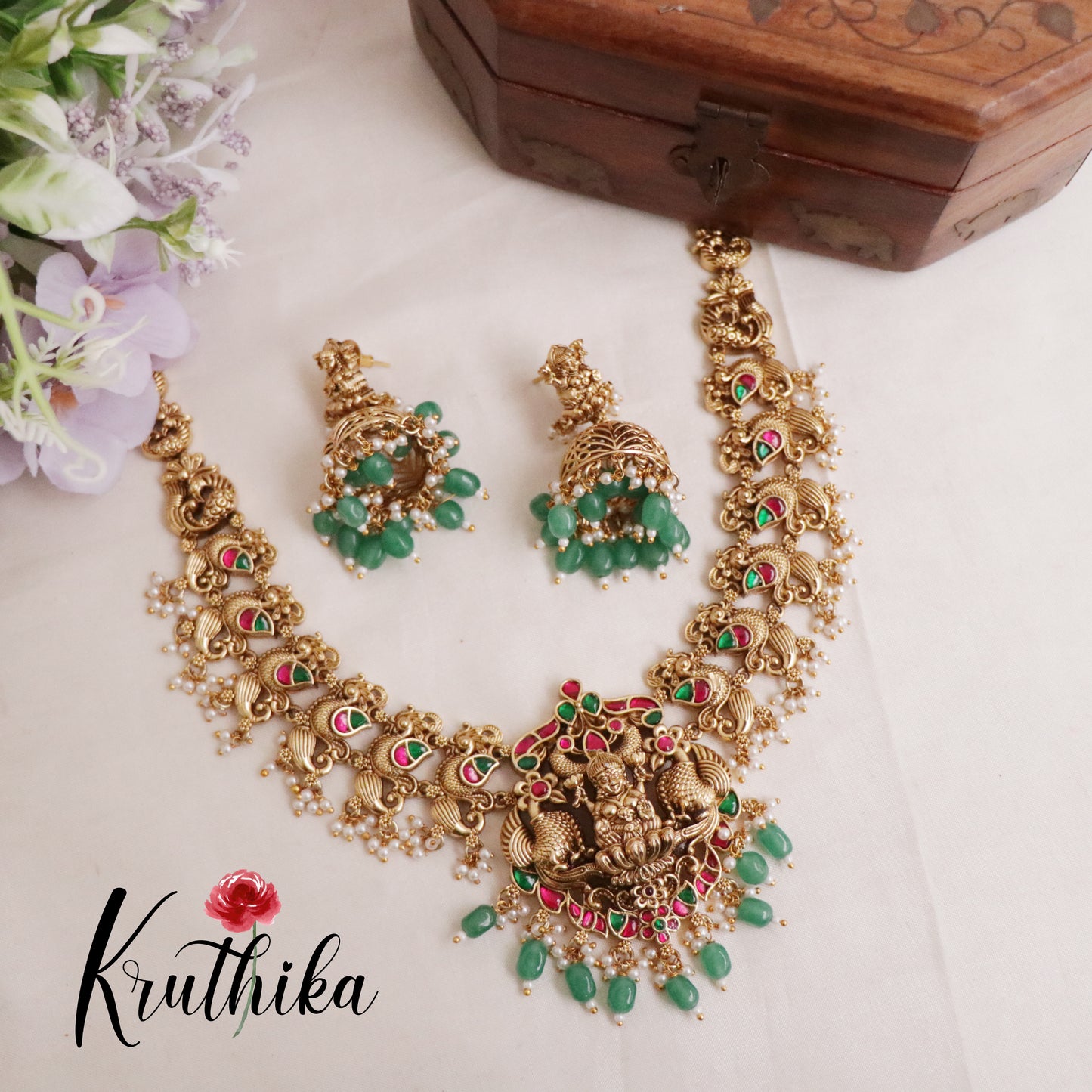 Beautiful Traditional Temple Lakshmi Necklace with Jadau Stones NC2100 (Available in 2 Beads)
