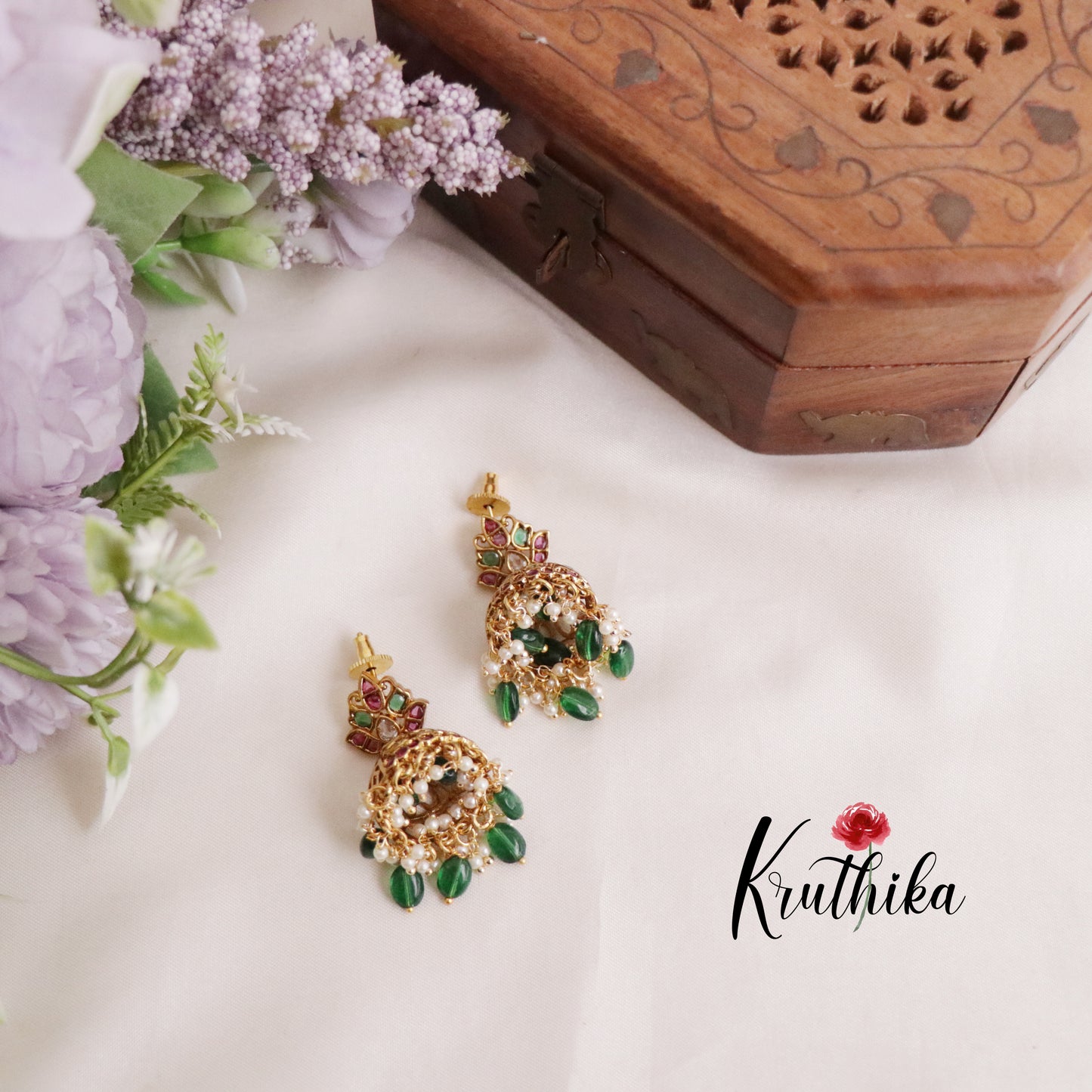 Beautiful Lotus Polki Jhumkas with Green Beads E467