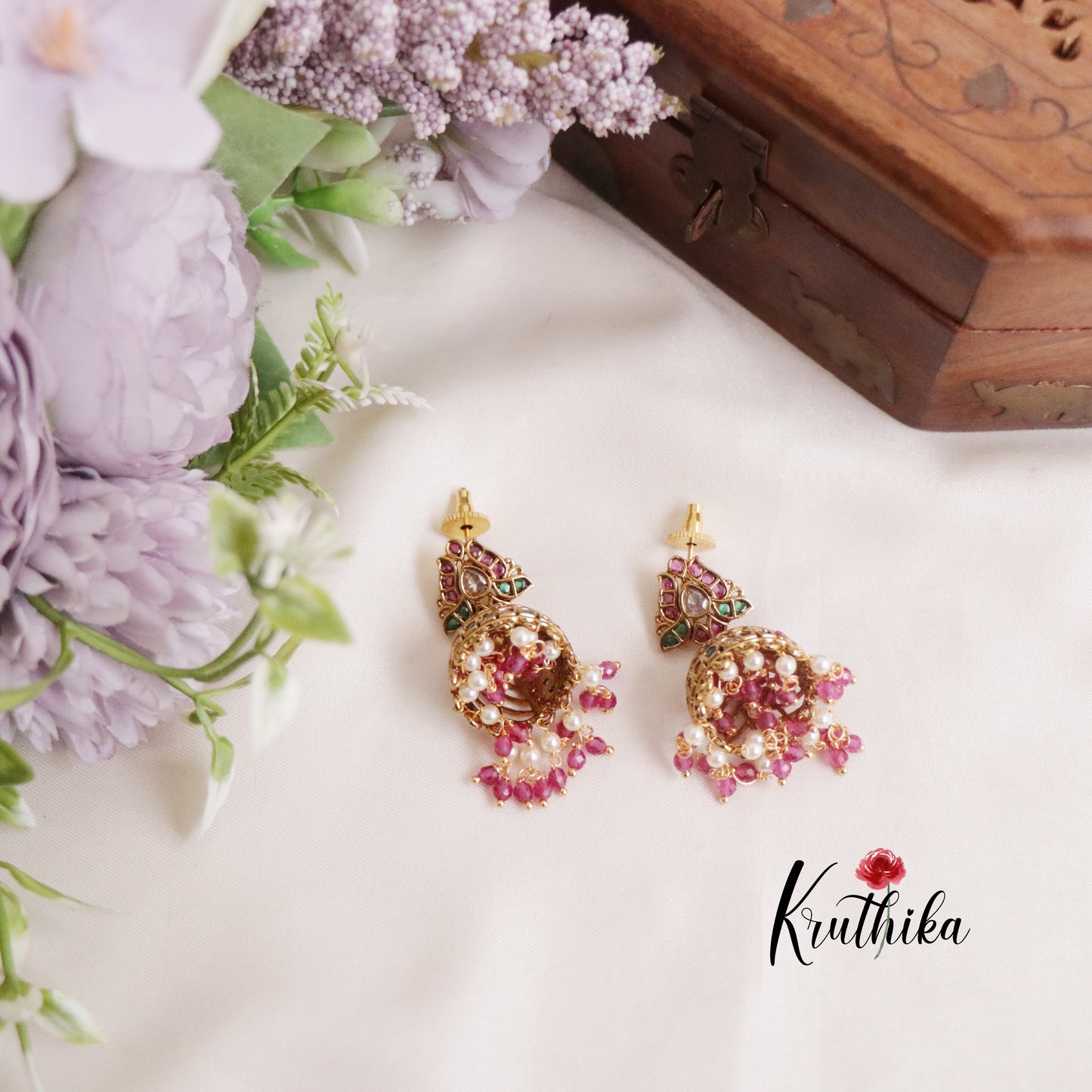 Beautiful Kemp Lotus Design with Ruby Beads Drops E475