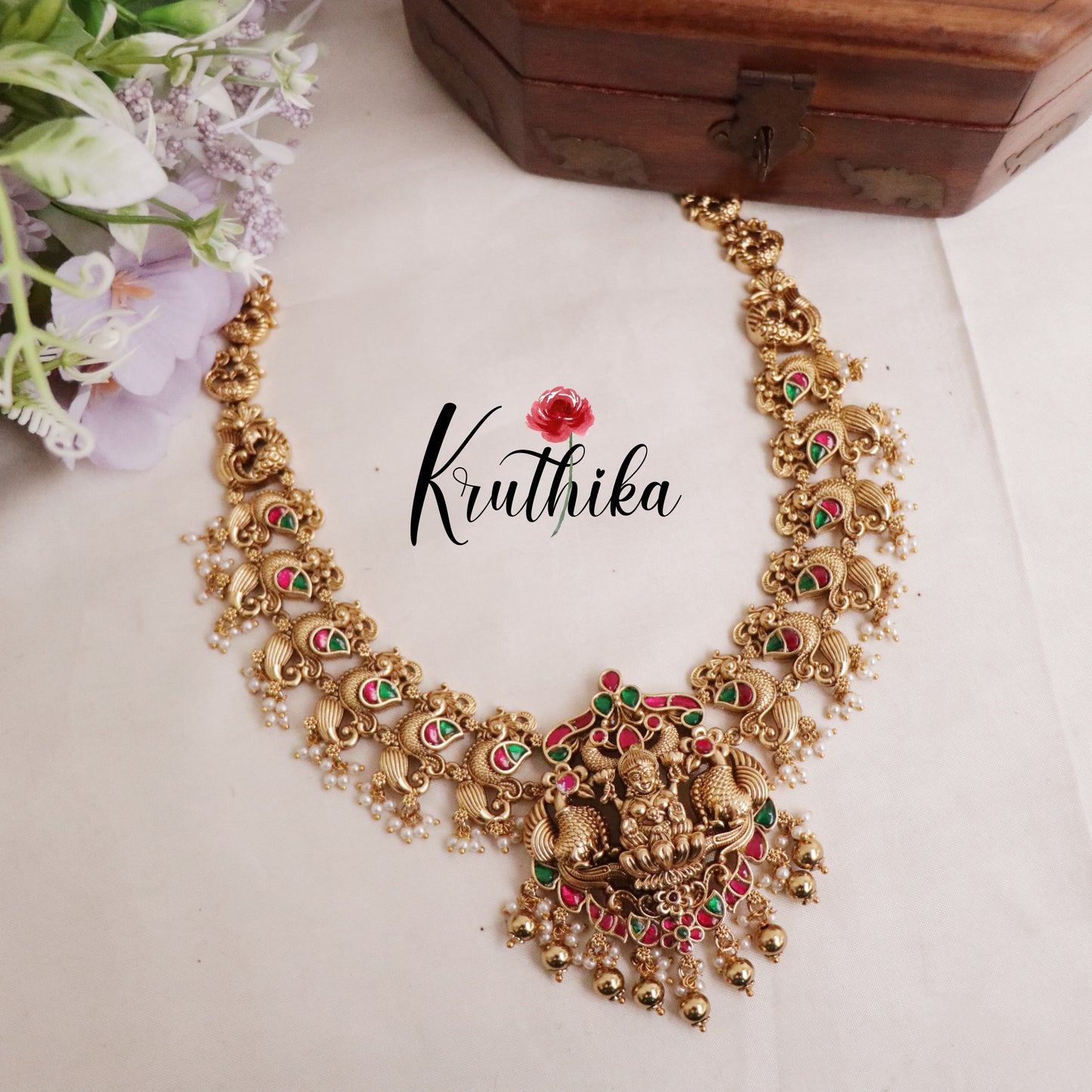 Beautiful Traditional Temple Lakshmi Necklace with Jadau Stones NC2100 (Available in 2 Beads)