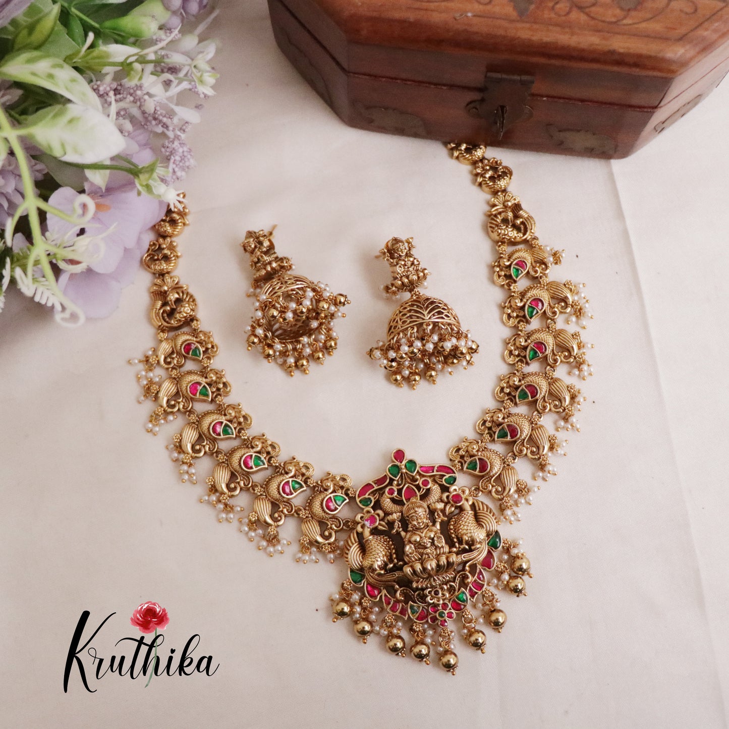 Beautiful Traditional Temple Lakshmi Necklace with Jadau Stones NC2100 (Available in 2 Beads)