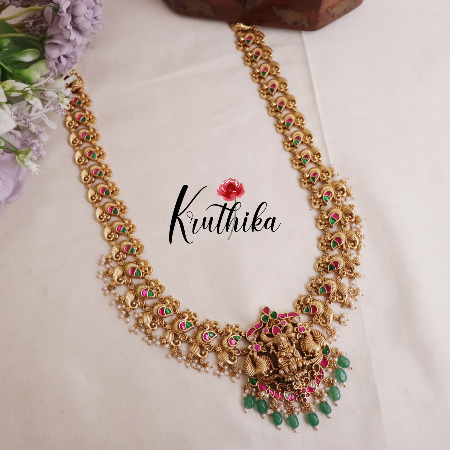 Beautiful Traditional Temple Lakshmi Haaram with Jadau Stones NC2101 (Available in 2 Beads)