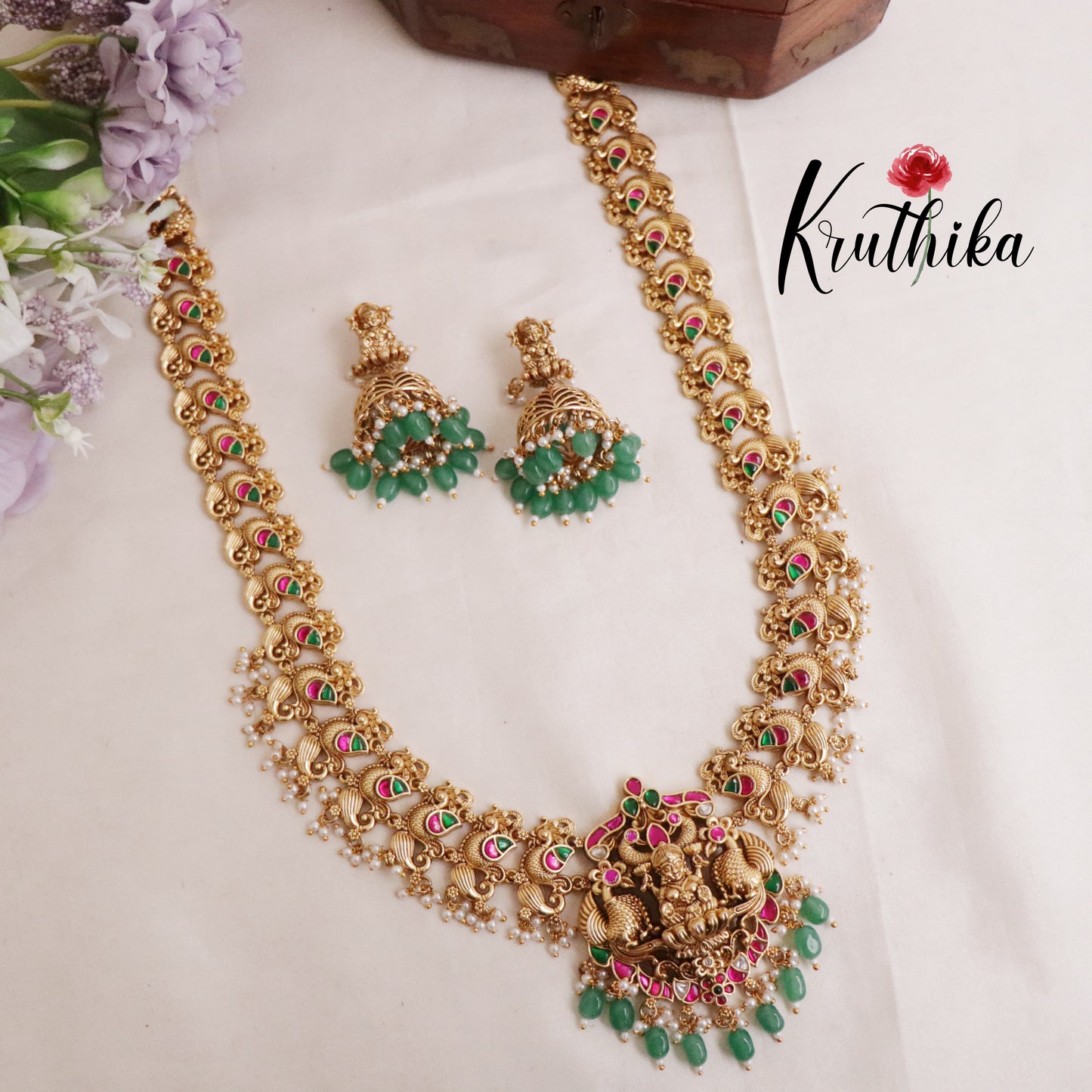 Beautiful Traditional Temple Lakshmi Haaram with Jadau Stones NC2101 (Available in 2 Beads)