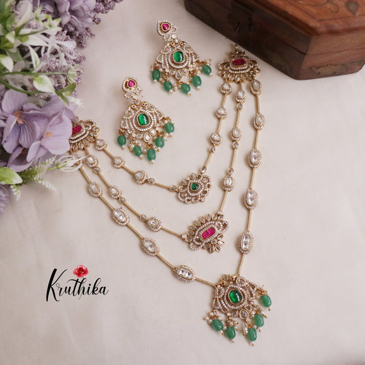 Beautiful Three Layer Jadau Peacock Design Necklace with Green Beads NC2078