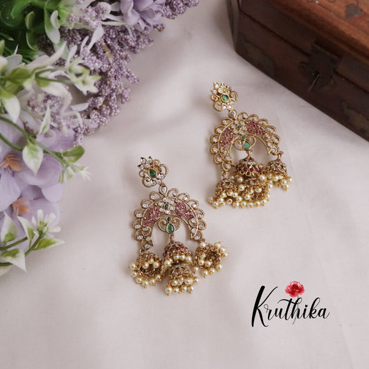 Grand Multi Stone Peacock Triple Jhumkas E490