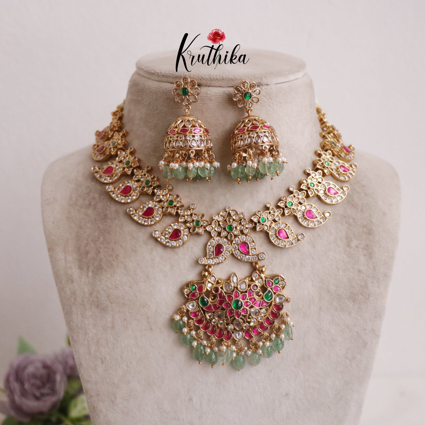 Royal Peacock Jadau Necklace with Pastel Green Drops NC2158