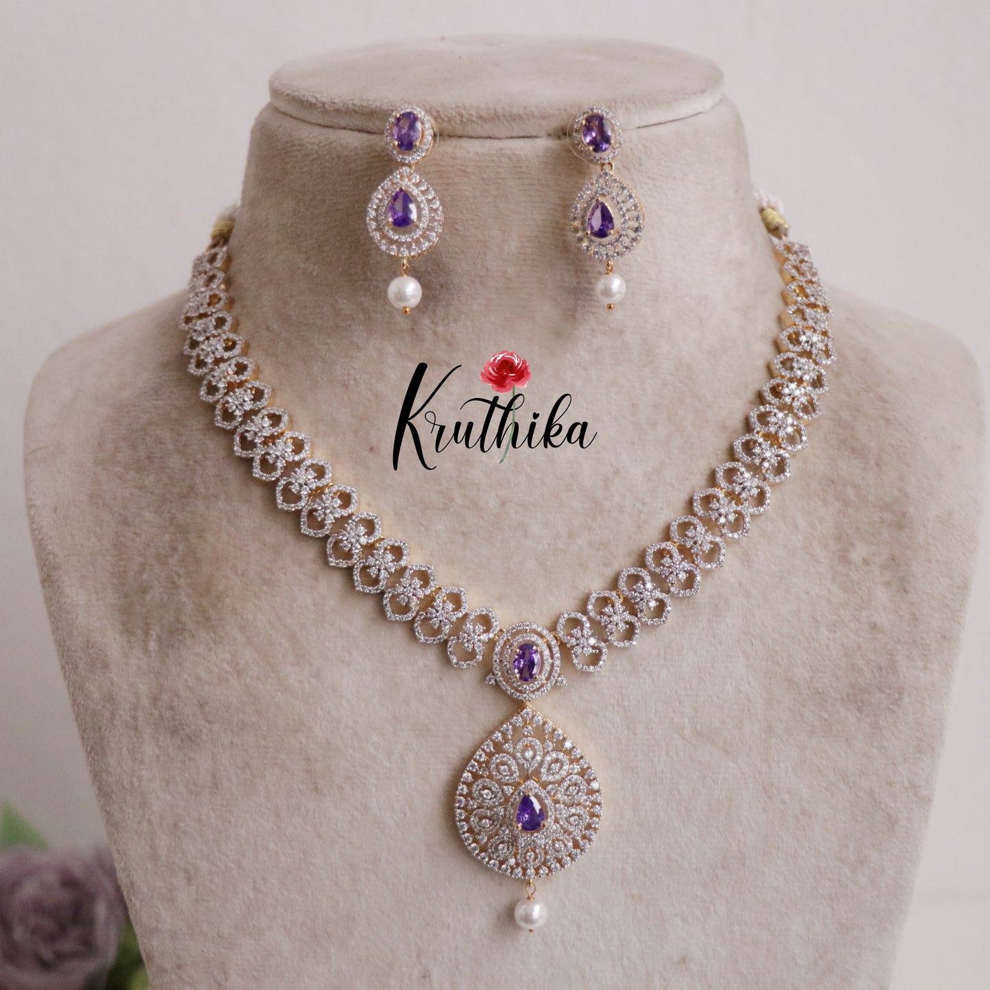 Elegant CZ Sparking Starlight Orchid with Pearl Drops Necklace NC2147 (Available In 3 Colours)