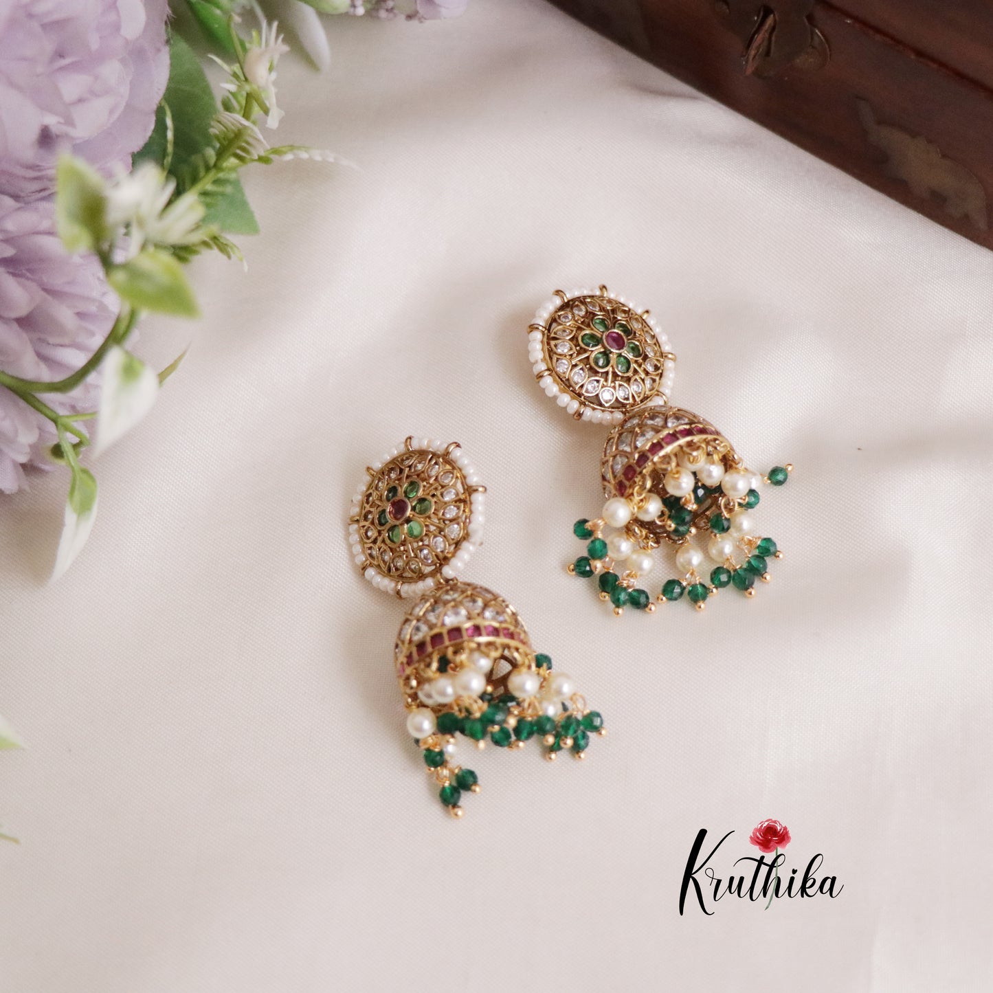 Premium Kemp Jhumka with Green Beads E466