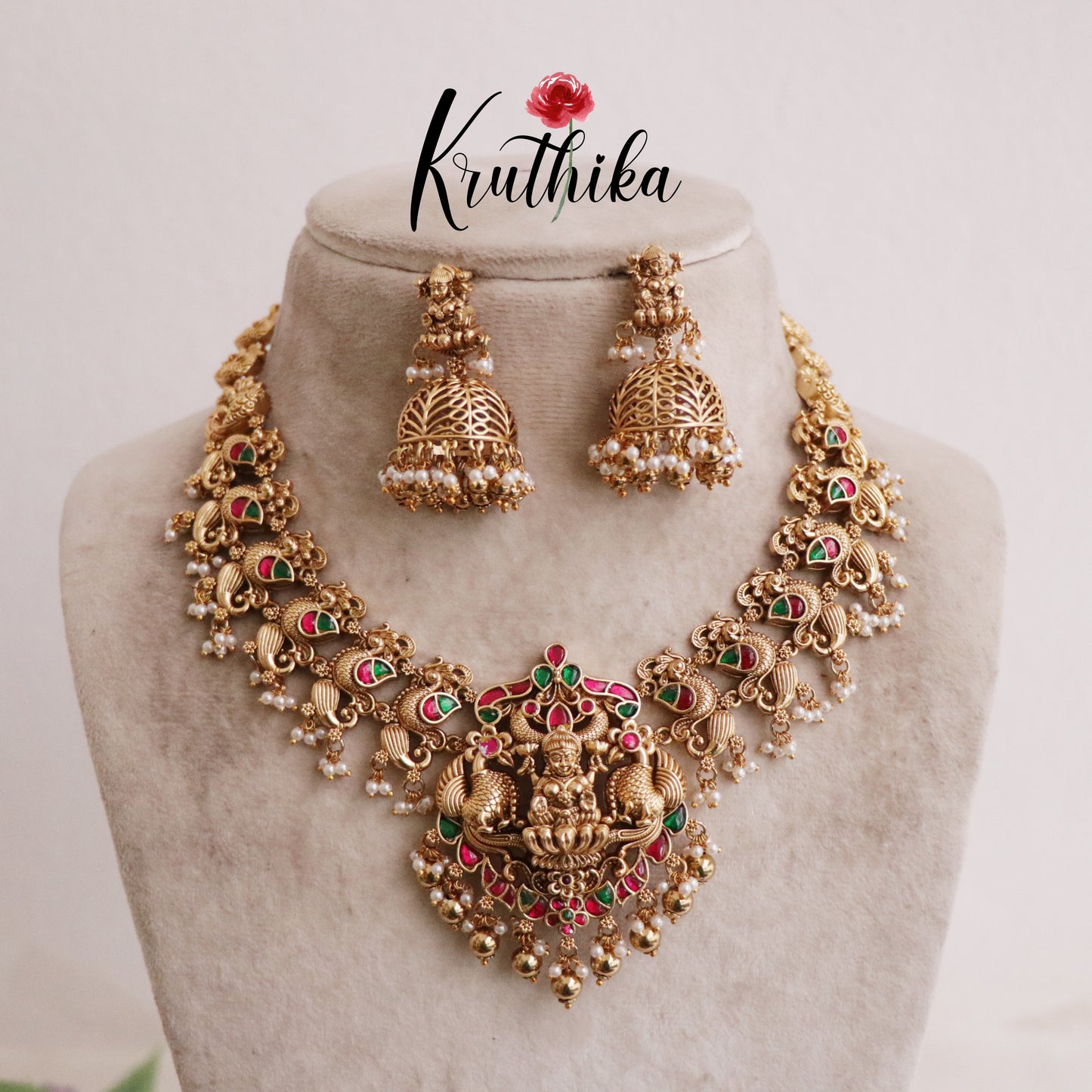 Beautiful Traditional Temple Lakshmi Necklace with Jadau Stones NC2100 (Available in 2 Beads)