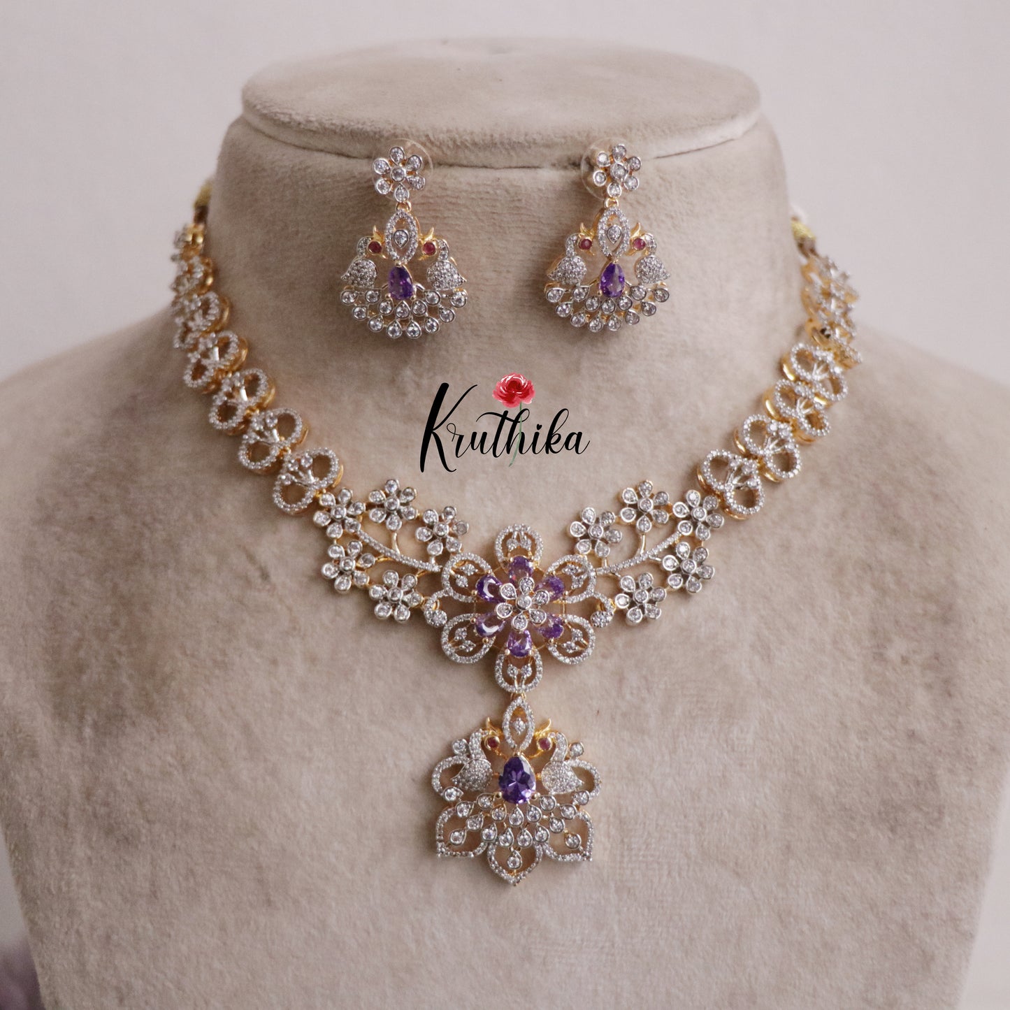 Beautiful CZ Jade Blossom AD Necklace Set NC2144 (Available in 3 Colours)
